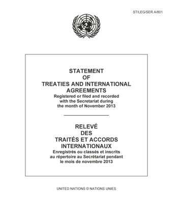 image of Relevé des Traités et Accords Internationaux: Enregistrés ou Classés et Inscrits au Répertoire au Secrétariat pendant le Mois de Novembre 2013
