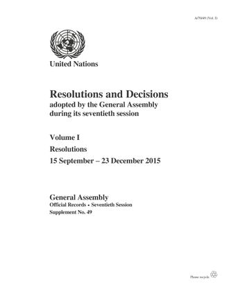 image of Resolutions and Decisions Adopted by the General Assembly during its Seventieth Session: Volume I