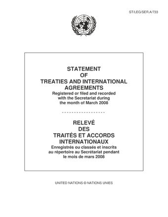 image of Relevé des Traités et Accords Internationaux Enregistrés ou Classés et Inscrits au Répertoire au Secrétariat Pendant le Mois de Mars 2008