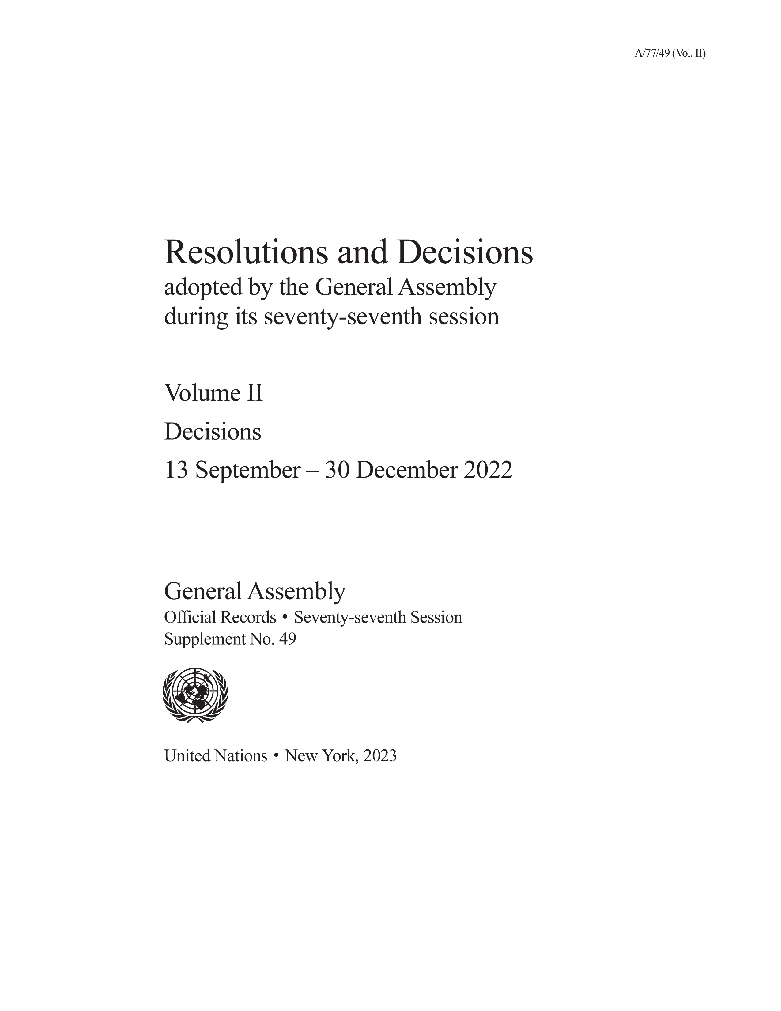 image of Resolutions and Decisions Adopted by the General Assembly During its Seventy-seventh Session: Volume II