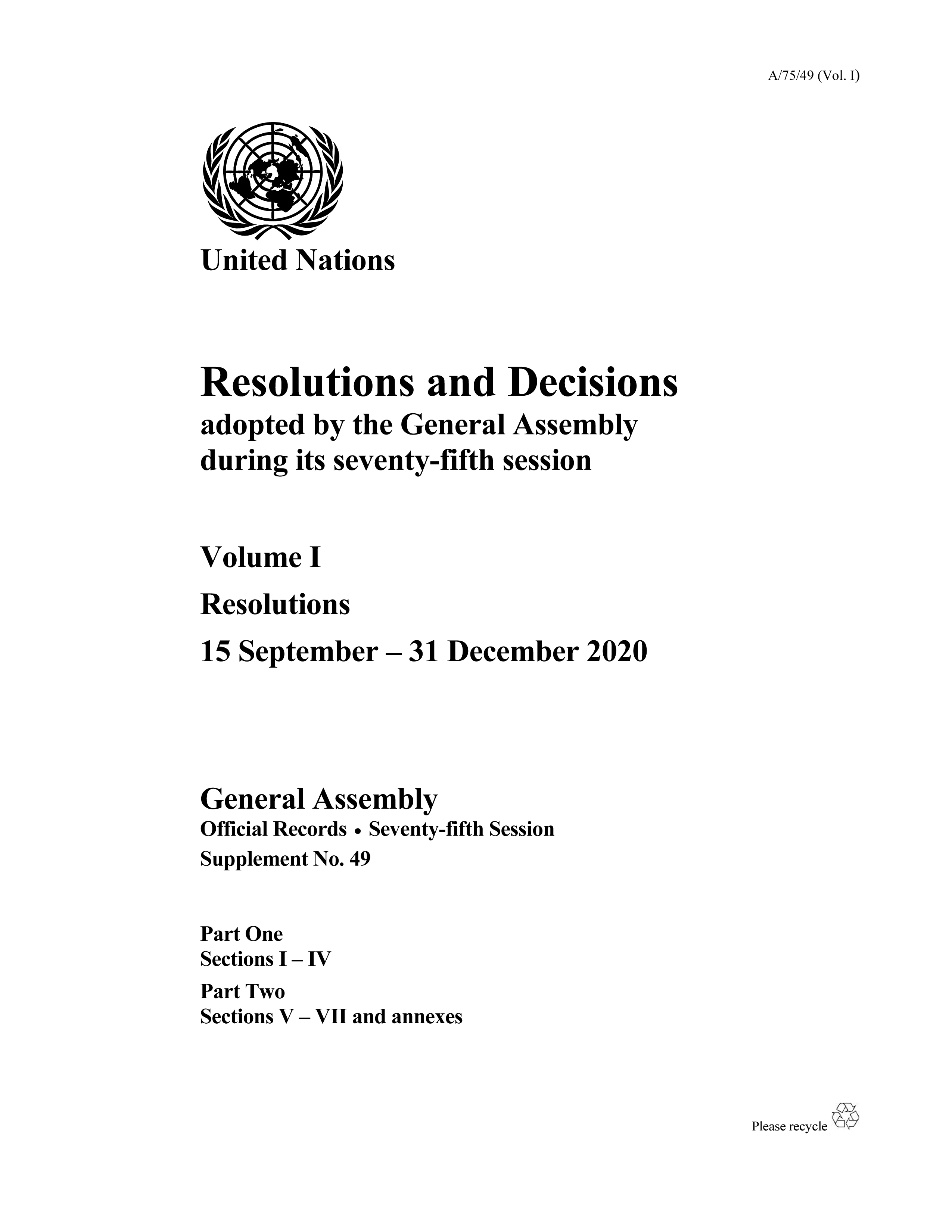 image of Resolutions and Decisions Adopted by the General Assembly During its Seventy-fifth Session: Volume I