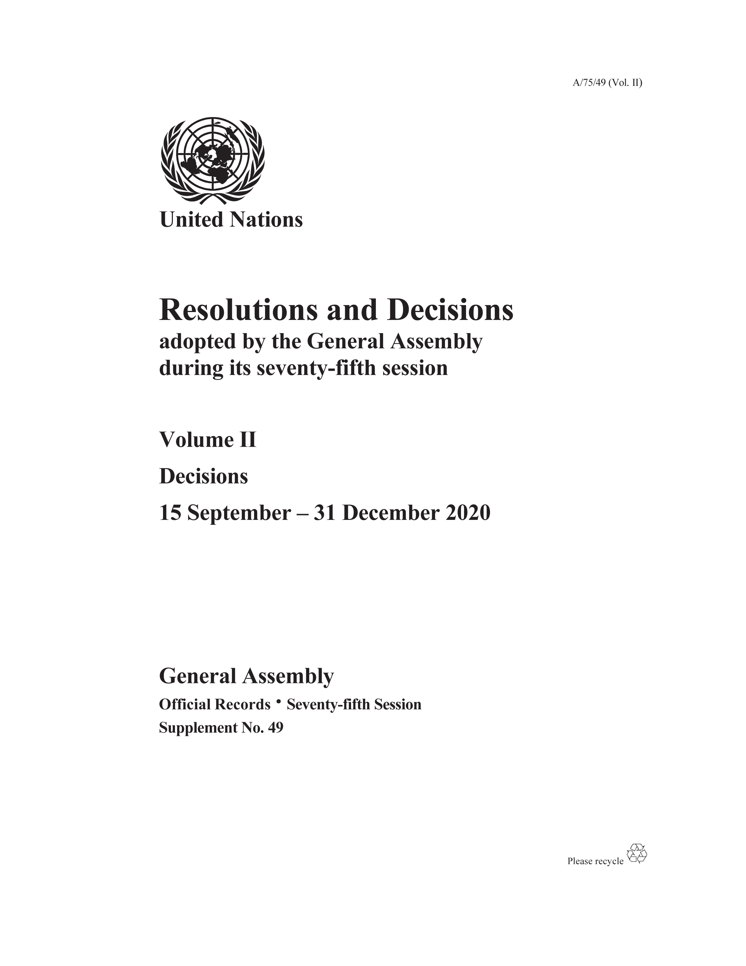 image of Resolutions and Decisions Adopted by the General Assembly During its Seventy-fifth Session: Volume II 
