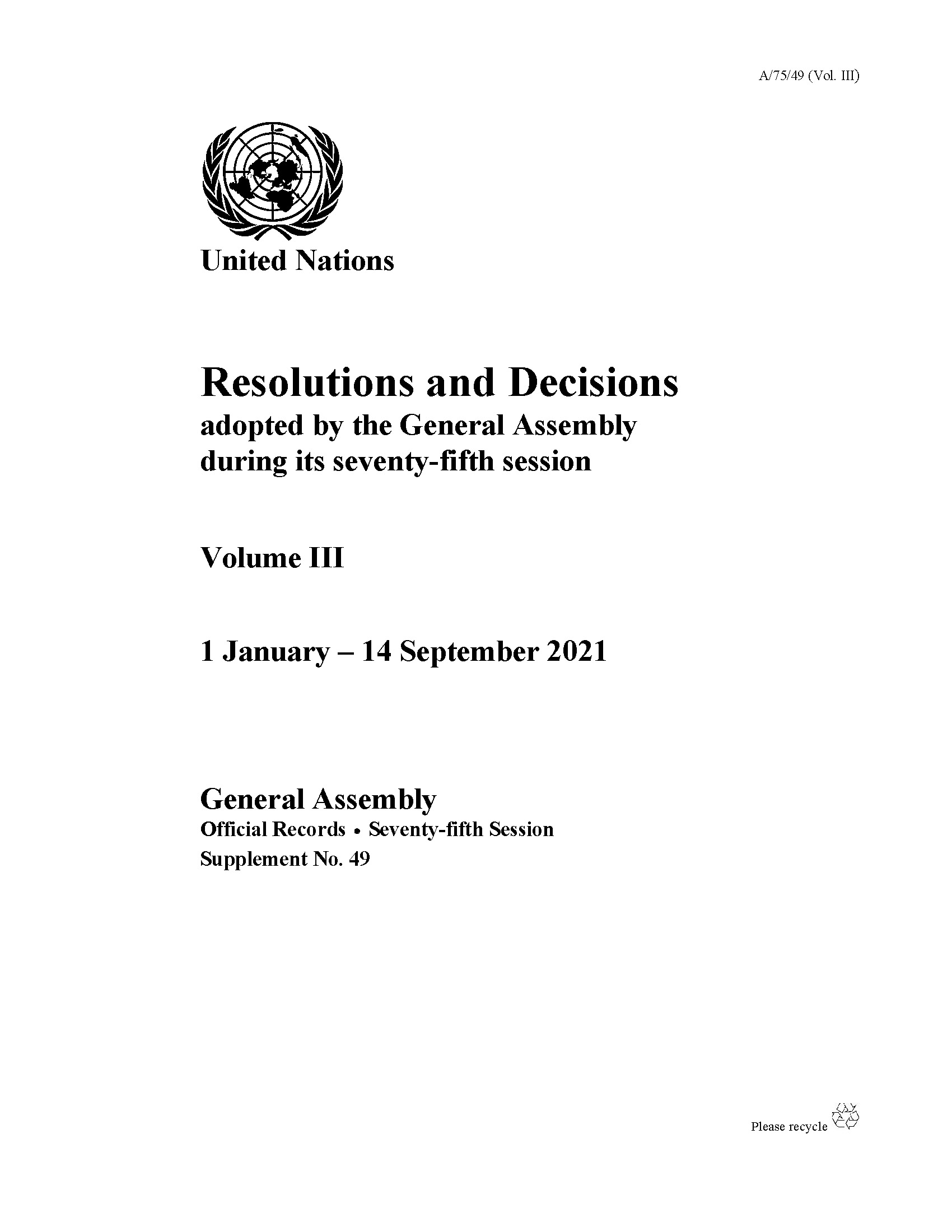 image of Resolutions and Decisions Adopted by the General Assembly During its Seventy-fifth Session: Volume III
