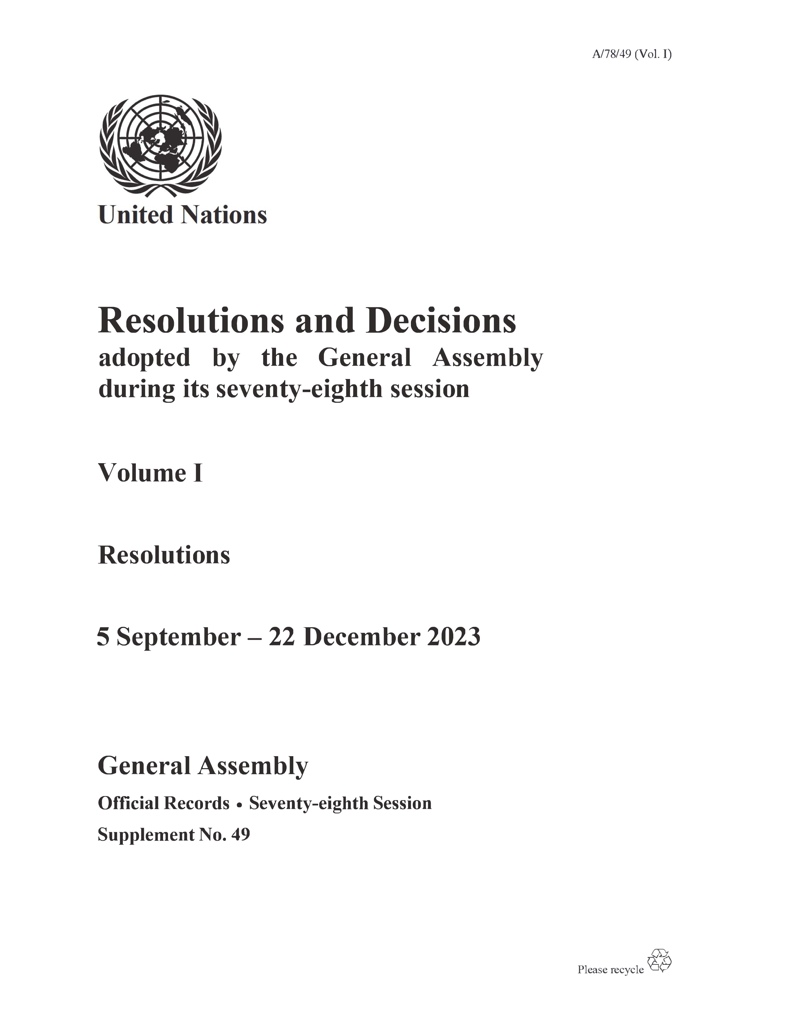 image of Resolutions and Decisions Adopted by the General Assembly During its Seventy-eighth Session: Volume I