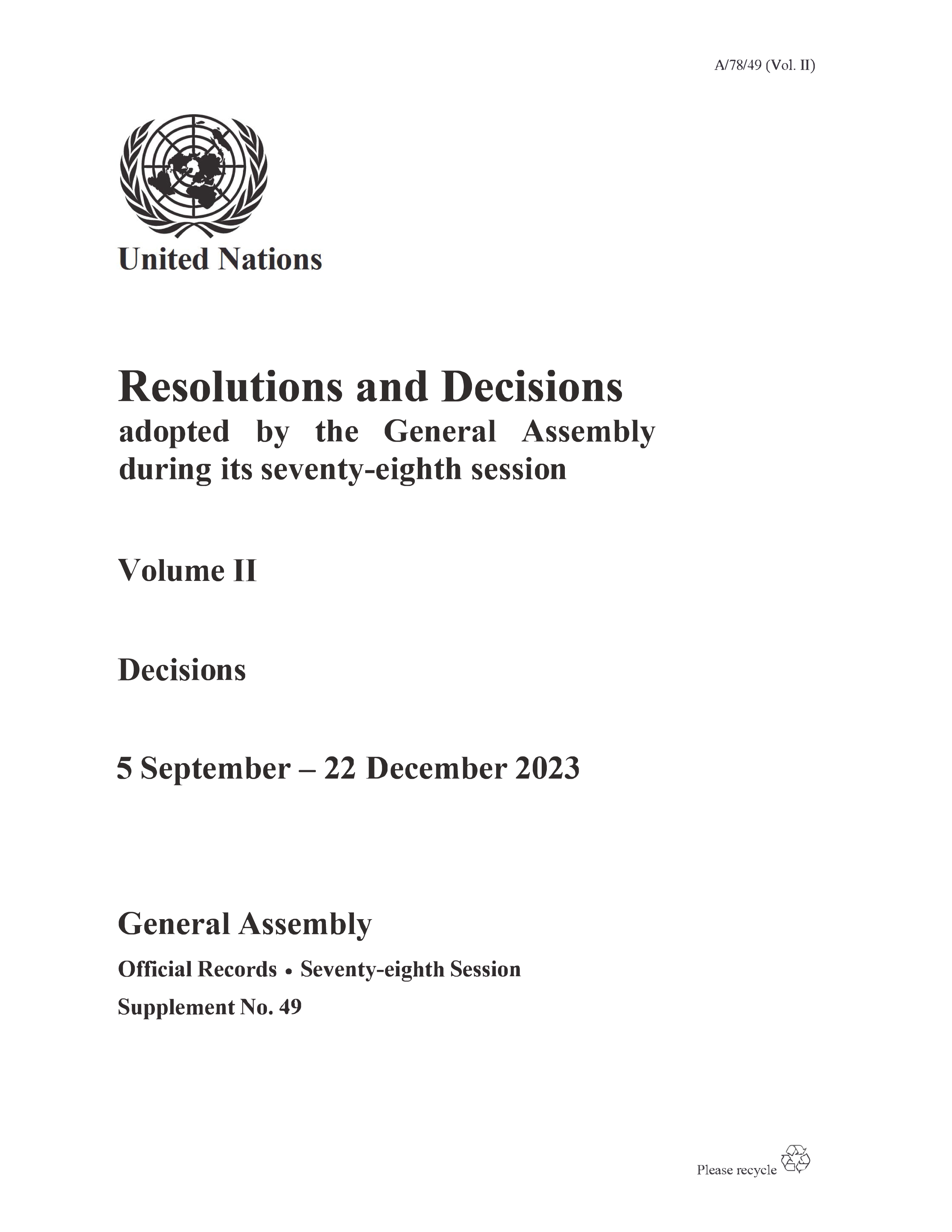 image of Resolutions and Decisions adopted by the General Assembly During its Seventy-eighth Session: Volume II