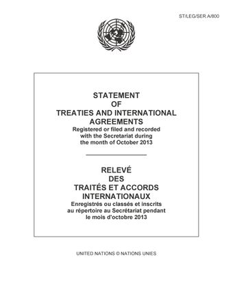 image of Relevé des Traités et Accords Internationaux: Enregistrés ou Classés et Inscrits au Répertoire au Secrétariat pendant le Mois de Octobre 2013